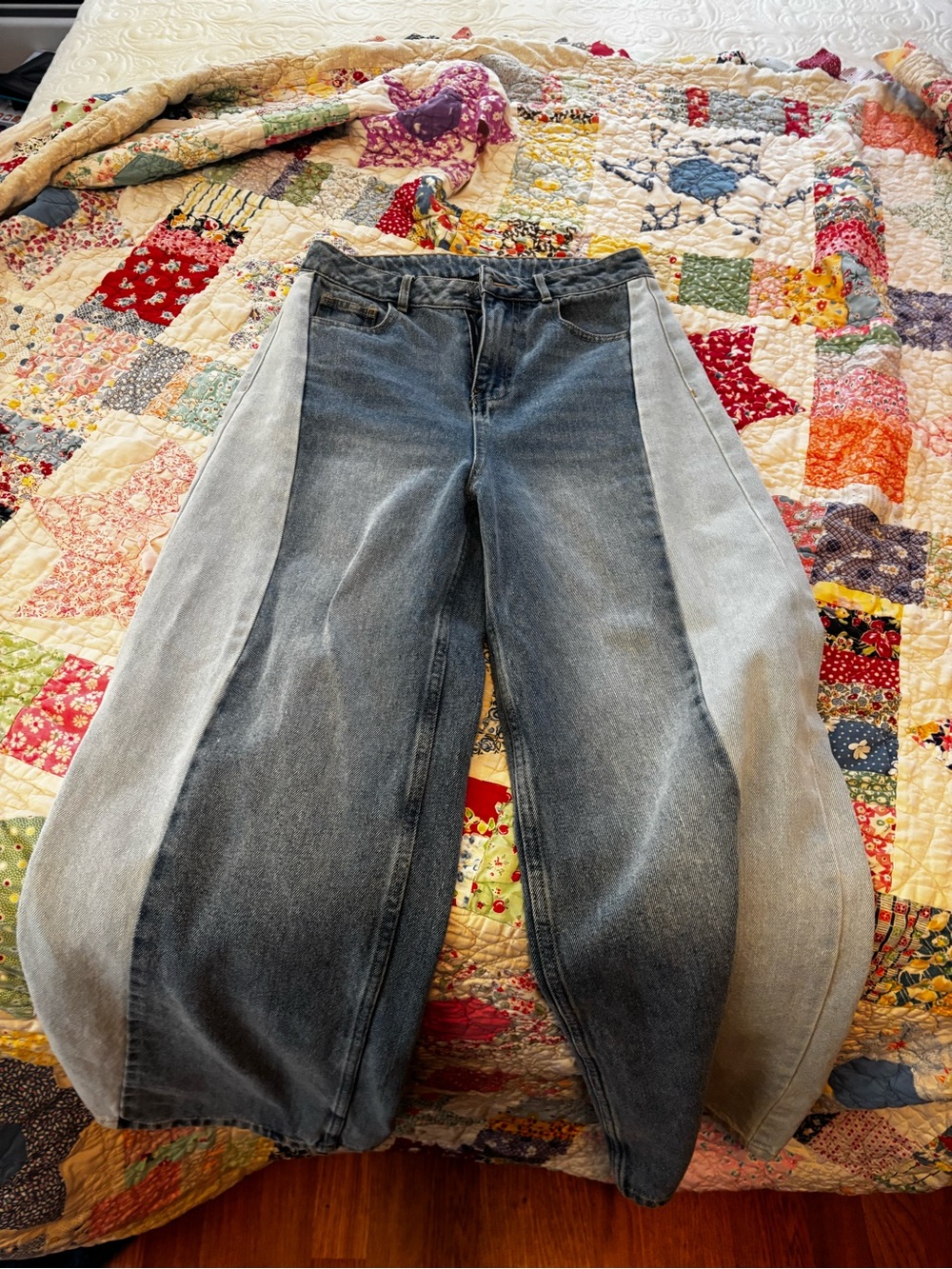 Papermoon Two-Tone Wide Leg Denim Jeans in Dark & Light Blue